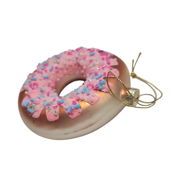 Donut-Shaped Glass Christmas Tree Ornament With Pink Frosting Sprinkles - Picture 3 of 8